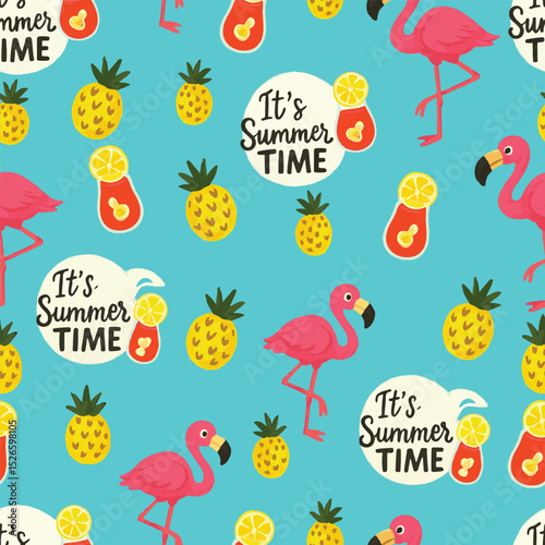 A vibrant and cheerful summerthemed pattern featuring colorful flamingos, pineapples, and playful text