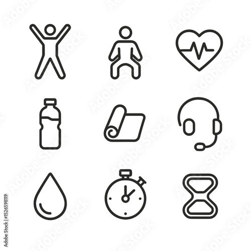 Dance Fitness Icons. Outline icon set of dance fitness class: jumping jack, squat thrust, cardio heartbeat, water bottle, yoga mat