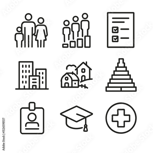 Demographics Icon Set. Outline icon set of demographics and society: family group, population chart, census form, urban skyline,