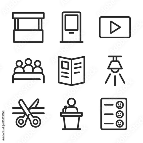 Demo Day Icon Set. Outline icon set of demo day showcase: exhibition booth, demo kiosk, video play button, audience seat, brochure
