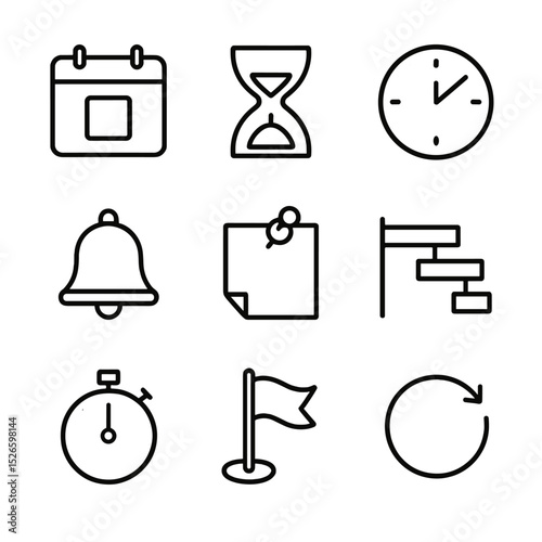 Deadline Management Icons. Outline icon set of deadline management: calendar date, hourglass, wall clock, alarm bell, reminder