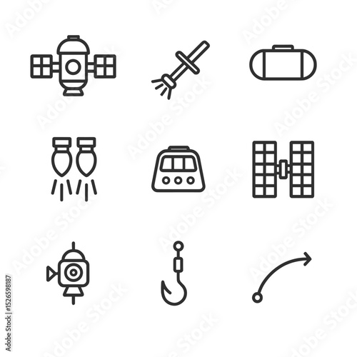 Deorbit Tug Icon Set. Outline icon set of deorbit tug vehicles: tug spacecraft, docking probe, fuel tank, thruster plumes, control
