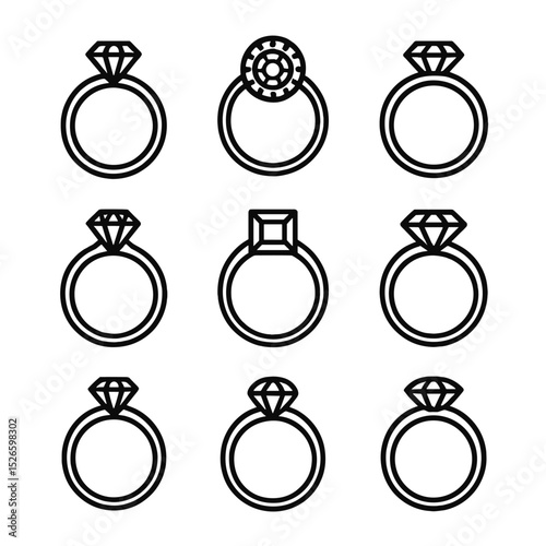Diamond Ring Icons. Outline icon set of diamond engagement rings: solitaire ring, halo setting, pave band, cathedral mount,