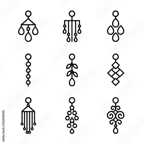 Diamond Earring Icons. Outline icon set of diamond chandelier earrings: multi-tier drop, fringe style, pear cluster, linear drop,