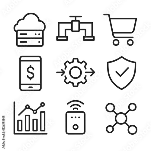 Digital Economy Icon Set. Outline icon set of digital economy integration: cloud server, data pipeline, e-commerce cart, mobile