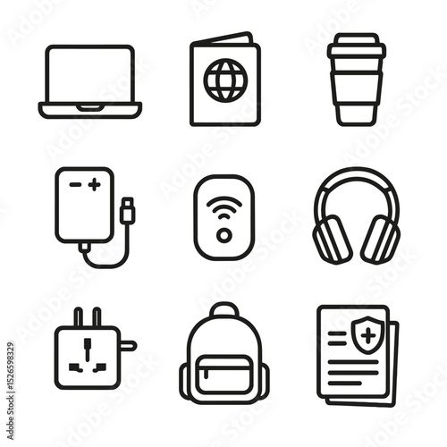 Digital Nomad Essentials. Outline icon set of digital nomad essentials: laptop, passport, travel mug, power bank, portable Wi-Fi,
