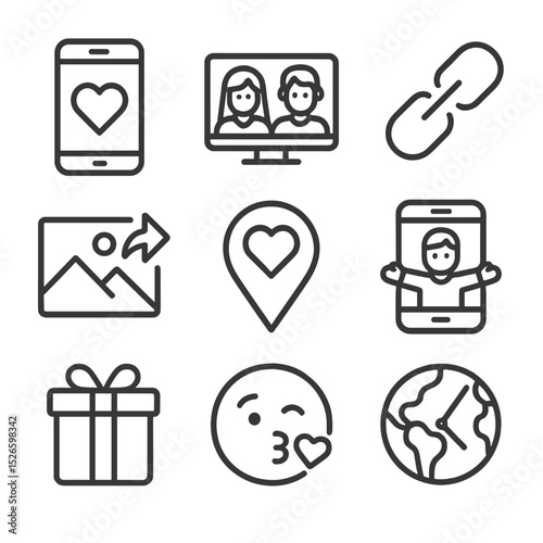 Digital Intimacy Icons. Outline icon set of digital intimacy and distance: heart in phone, couple video call, broken chain, shared