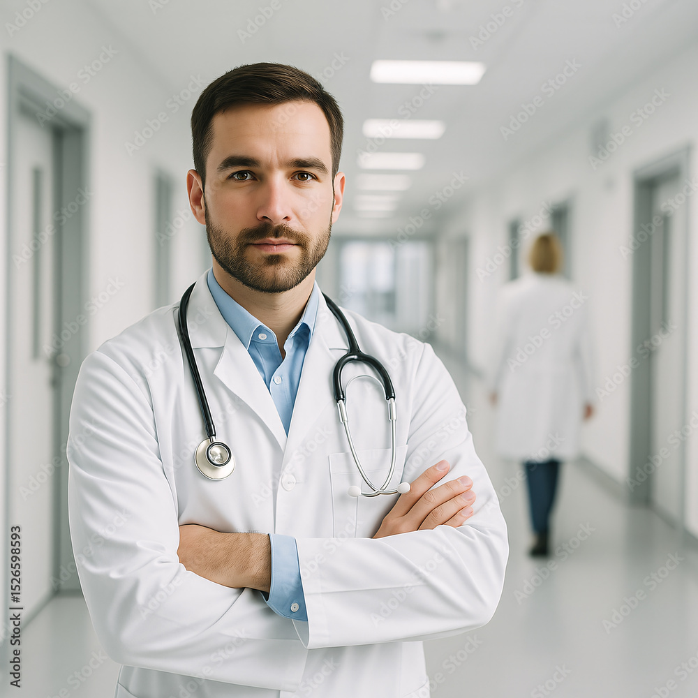 Confident Male Doctor Standing in Hospital Hallway Confident Male Doctor Standing in Hospital Hallway
