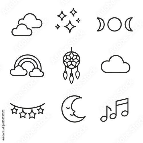 Dreamy Night Icons. Outline icon set of dreamy night: pastel clouds, glitter stars, moon phases, rainbow arc, dream catcher, cloud