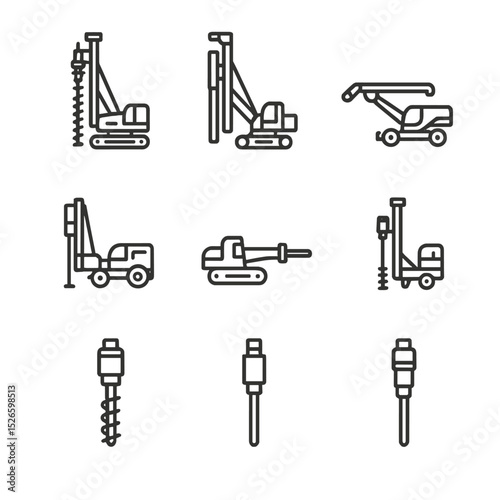 Drilling Rig Icon Set. Outline icon set of drilling and piling rigs: rotary drilling rig, piling rig, rock drill, water well