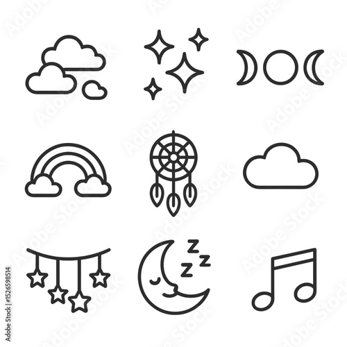 Dreamy Night Icons. Outline icon set of dreamy night: pastel clouds, glitter stars, moon phases, rainbow arc, dream catcher, cloud