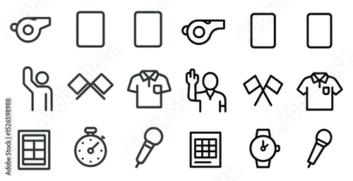 Sports referee equipment: whistle, cards, flags, stopwatch, and microphone icons