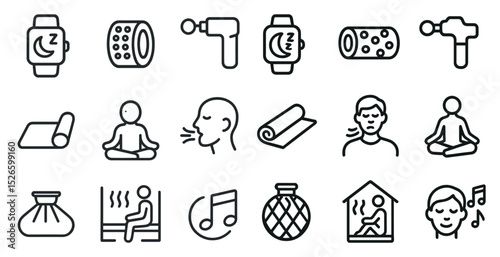 Wellness and relaxation icons for meditation, music, and aromatherapy themes