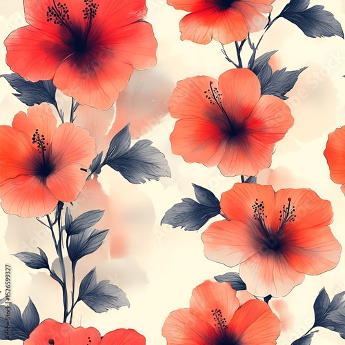 Hibiscus Flower Seamless Pattern. Generative AI