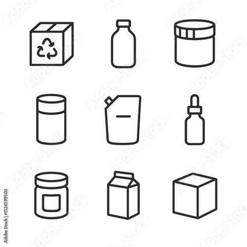 Eco Packaging Icons. Outline icon set of eco-friendly packaging: recycled box, glass bottle, bamboo lid, paper tube, refill pouch,
