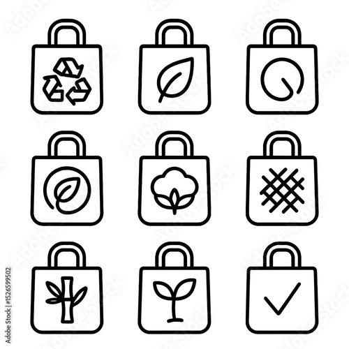 Eco-Friendly Bag Icons. Outline icon set of eco-friendly bag features: recycling arrows, leaf emblem, compostable label,