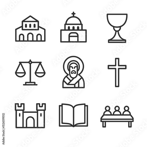 Ecumenical Councils Icons. Outline icon set of Ecumenical Councils: Nicaea I basilica, Constantinople I dome, Ephesus chalice,