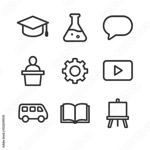 Education Icons Set. Outline icon set of course category symbols: lecture cap, lab flask, discussion bubble, seminar podium,