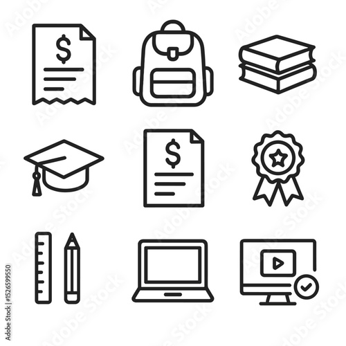 Education Expense Icons. Outline icon set of education expenses: tuition invoice, school backpack, textbook stack, graduation cap,