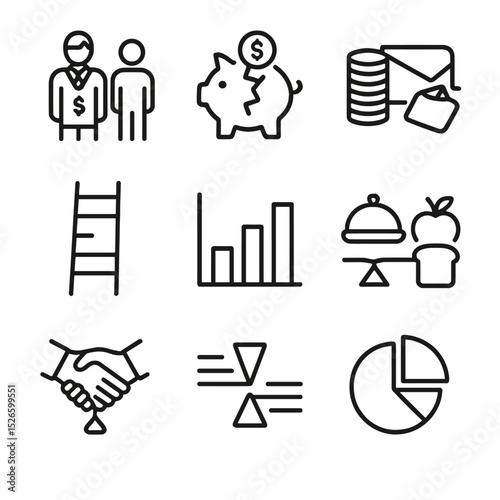 Economic Inequality Icons. Outline icon set of economic inequality: rich-poor gap, broken piggy bank, stacked coins vs empty