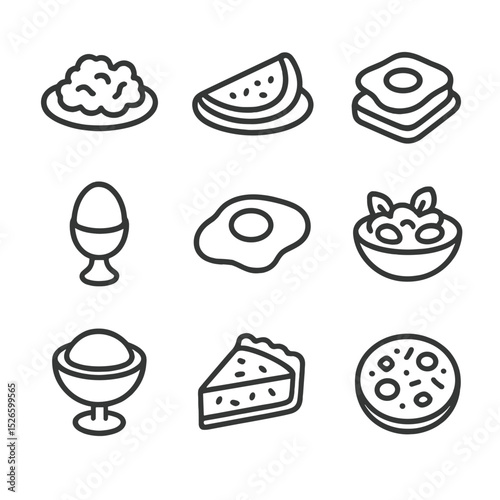 Egg Dish Icons. Outline icon set of egg-based dishes: scrambled eggs, omelette, poached egg, boiled egg, fried egg, egg salad,