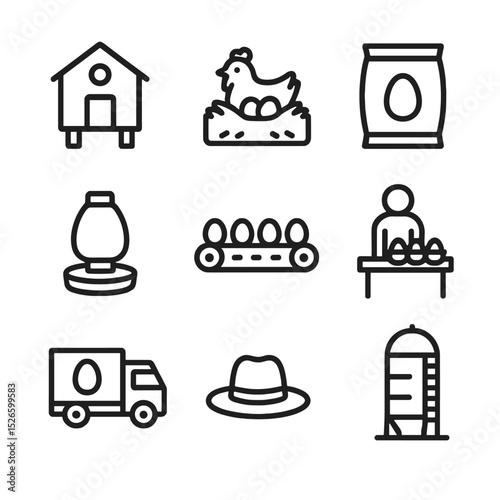 Egg Farming Icons. Outline icon set of egg farming operations: hen coop, nest box, feed sack, waterer, conveyor belt, packing