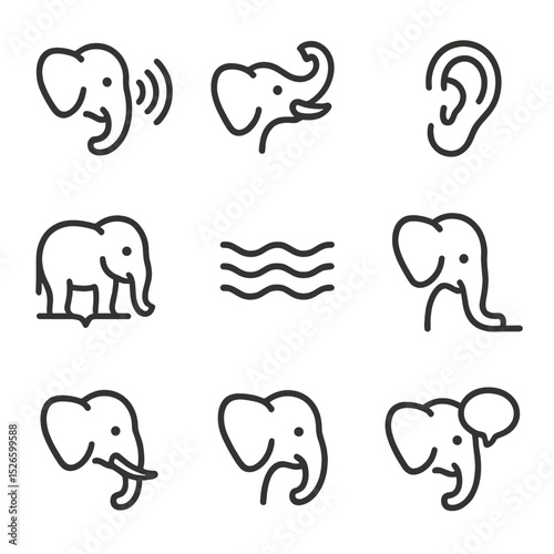 Elephant Communication Icons. Outline icon set of elephant communication methods: sound wave, trumpet icon, ear listening, ground