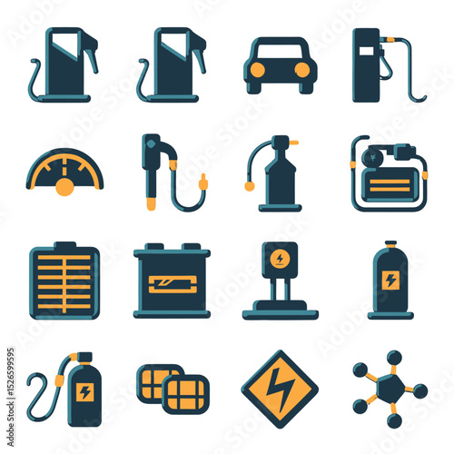 vector icons to vehicle fueling and charging a gasoline pump, an electric vehicle plug hydrogen mole