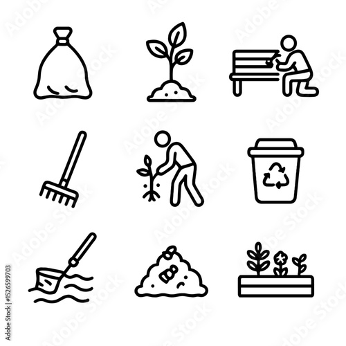 Environmental Icons Set. Outline icon set of environmental volunteering: beach cleanup bag, tree sapling, park bench repair, trail