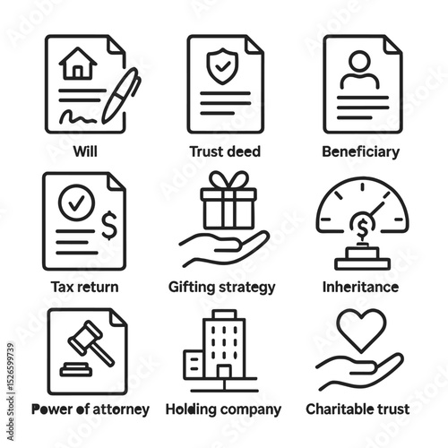 Estate Tax Icon Set. Outline icon set of estate and tax planning: will document, trust deed, beneficiary form, tax return, gifting