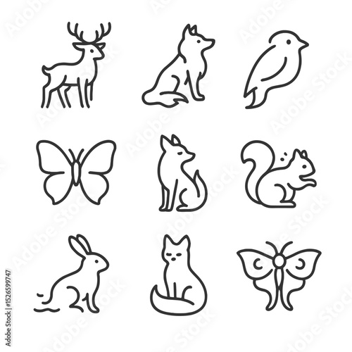 Ethereal Animal Icons. Outline icon set of ethereal animals: spectral deer, ghostly wolf, phantom bird, translucent butterfly,
