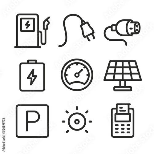 EV Charging Icon Set. Outline icon set of charging station features: EV charger, charging cable, plug connector, battery icon,