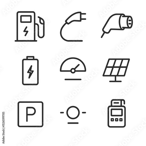 EV Charging Icon Set. Outline icon set of charging station features: EV charger, charging cable, plug connector, battery icon,