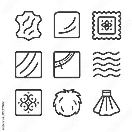 Fabric Texture Icons. Outline line icon set of fabric textures: leather, velvet, lace, satin, denim, chiffon, brocade, faux fur,