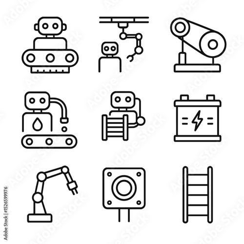 Factory Bot Icons. Outline icon set of factory maintenance bots: conveyor cleaner, overhead track robot, belt tensioner,