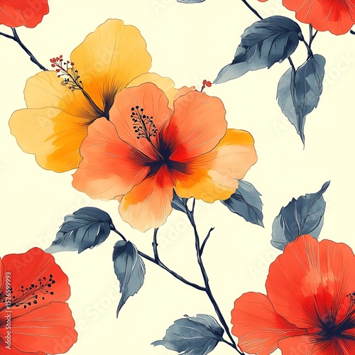 Hibiscus Flower Seamless Pattern. Generative AI