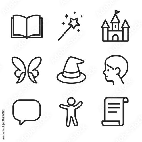Fairy Tale Icon Set. Outline icon set of interactive fairy tale sessions: open book, magic wand, castle silhouette, fairy wings,