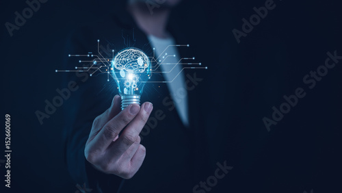 Hand of  holding illuminated light bulb, Idea innovation and inspiration concept.  creativity with bulbs that shine glitter, Concept for success.