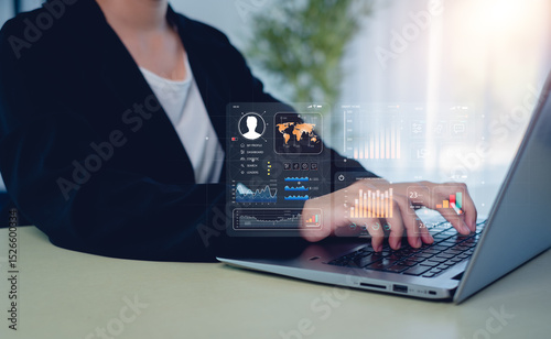 Concept digital transformation technology strategy, Analyst working with Business, metrics connected to database Corporate.