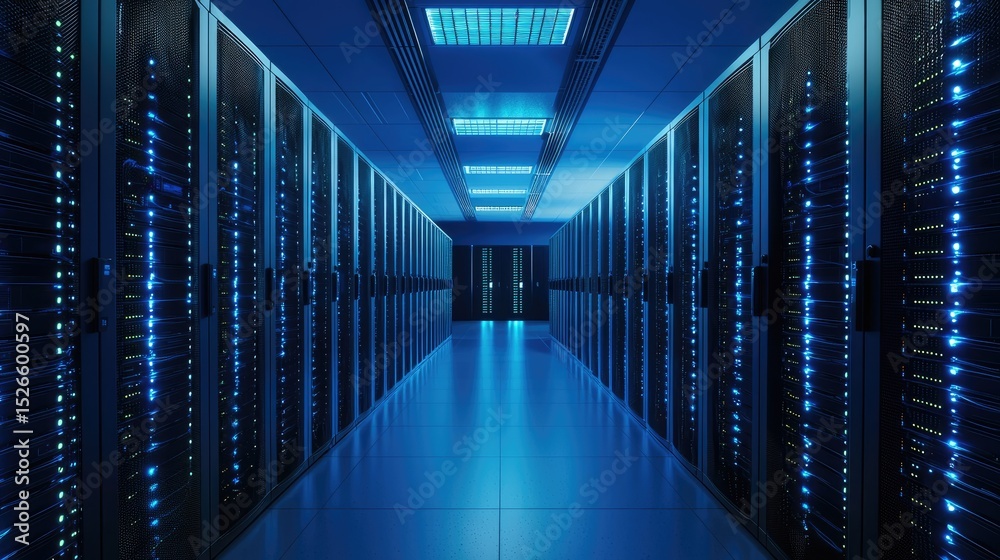 Fototapeta premium Futuristic data center corridor with symmetrical rows of illuminated servers and blue lighting, perfect for cloud computing, cybersecurity, and technology infrastructure themes