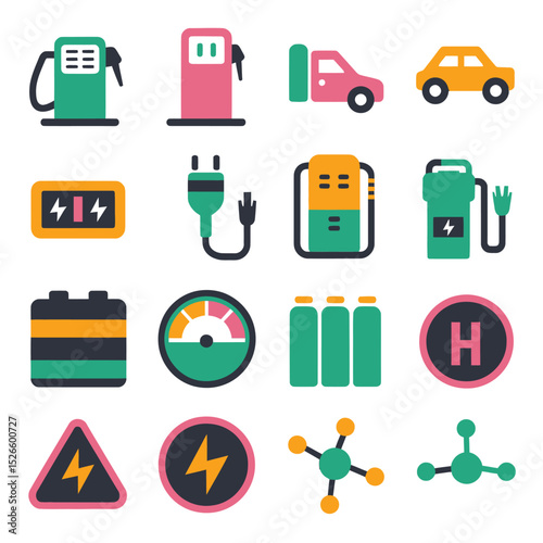 vector icons to vehicle fueling and charging a gasoline pump, an electric vehicle plug hydrogen mole