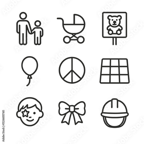 Family Peace Rally Icons. Outline icon set of family-friendly peace rally: parent and child, stroller icon, teddy bear sign,