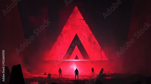 Red triangle structure with figures in a futuristic environment.