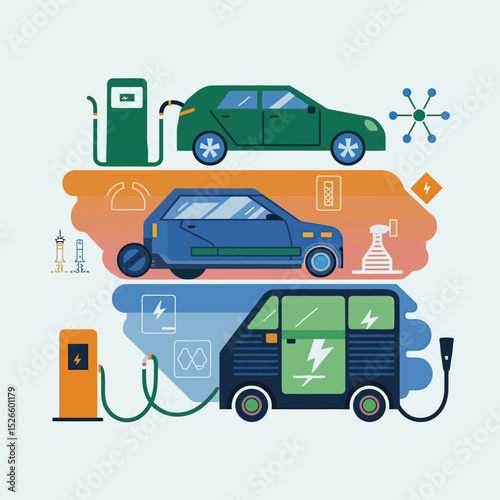 vector icons to vehicle fueling and charging a gasoline pump, an electric vehicle plug hydrogen mole