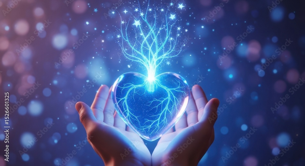 Obraz premium Hands holding a glowing heart with a star tree, symbolizing love, growth, and connection