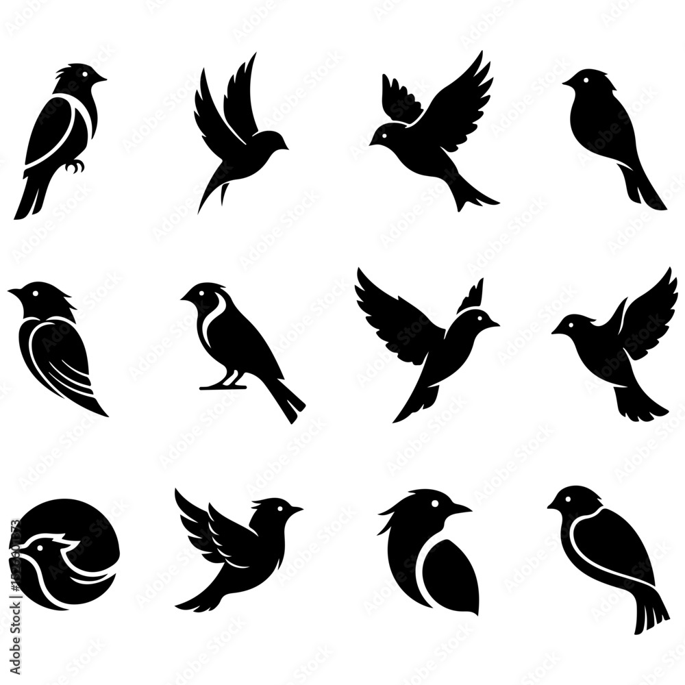 Fototapeta premium Set of dynamic, flying bird illustrations with a well editable, abstract artistic flair