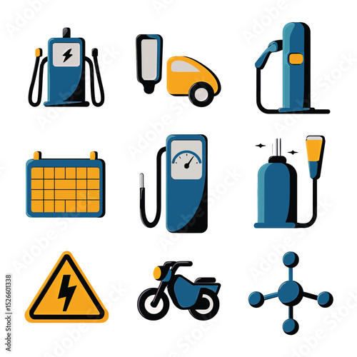 vector icons to vehicle fueling and charging a gasoline pump, an electric vehicle plug hydrogen mole