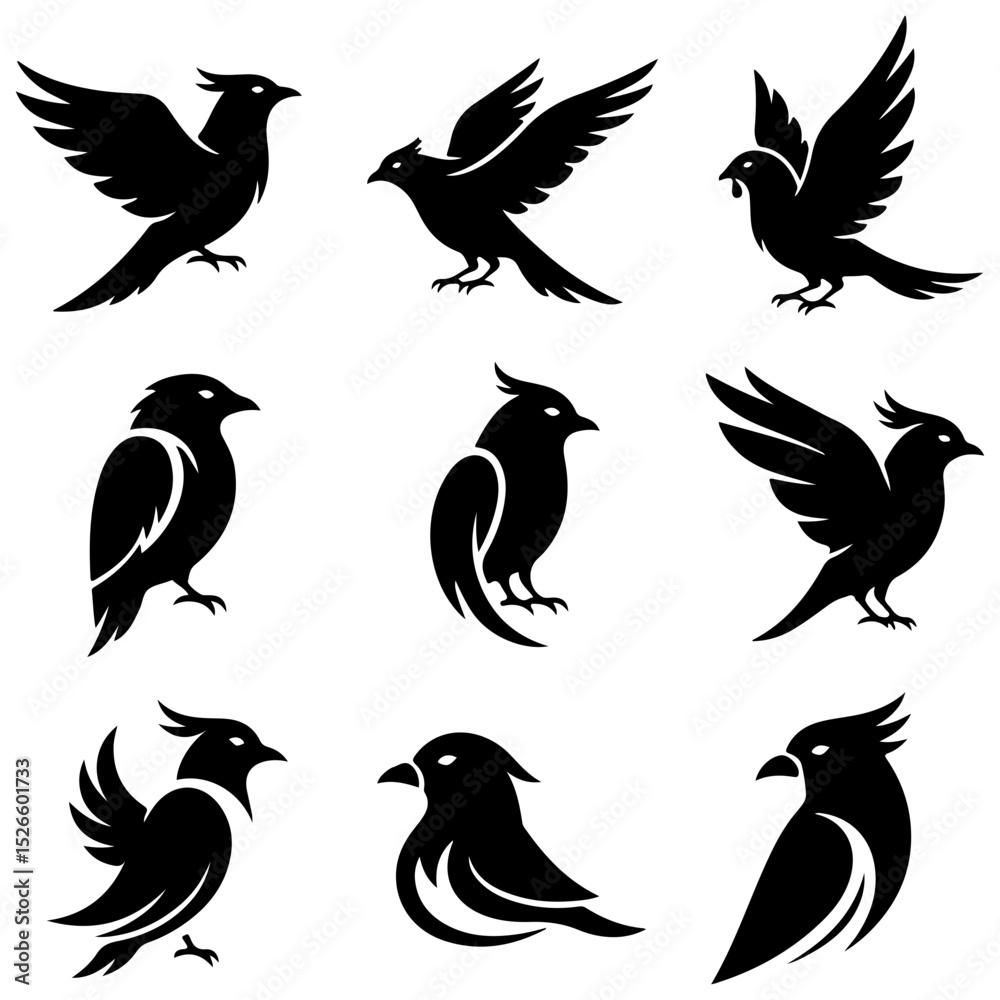 Fototapeta premium Set of artistic birds created in a well editable Japanese sumi-e ink wash style