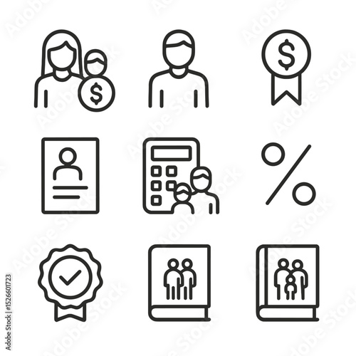 Family Tax Icon Set. Outline icon set of family tax credits: child tax credit, earned income credit, dependent icon, dollar sign