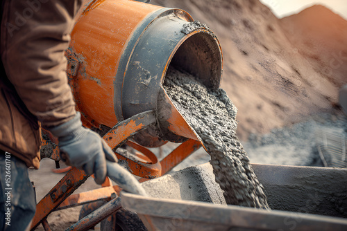 Construction worker pouring concrete mix into wheelbarrow at building site